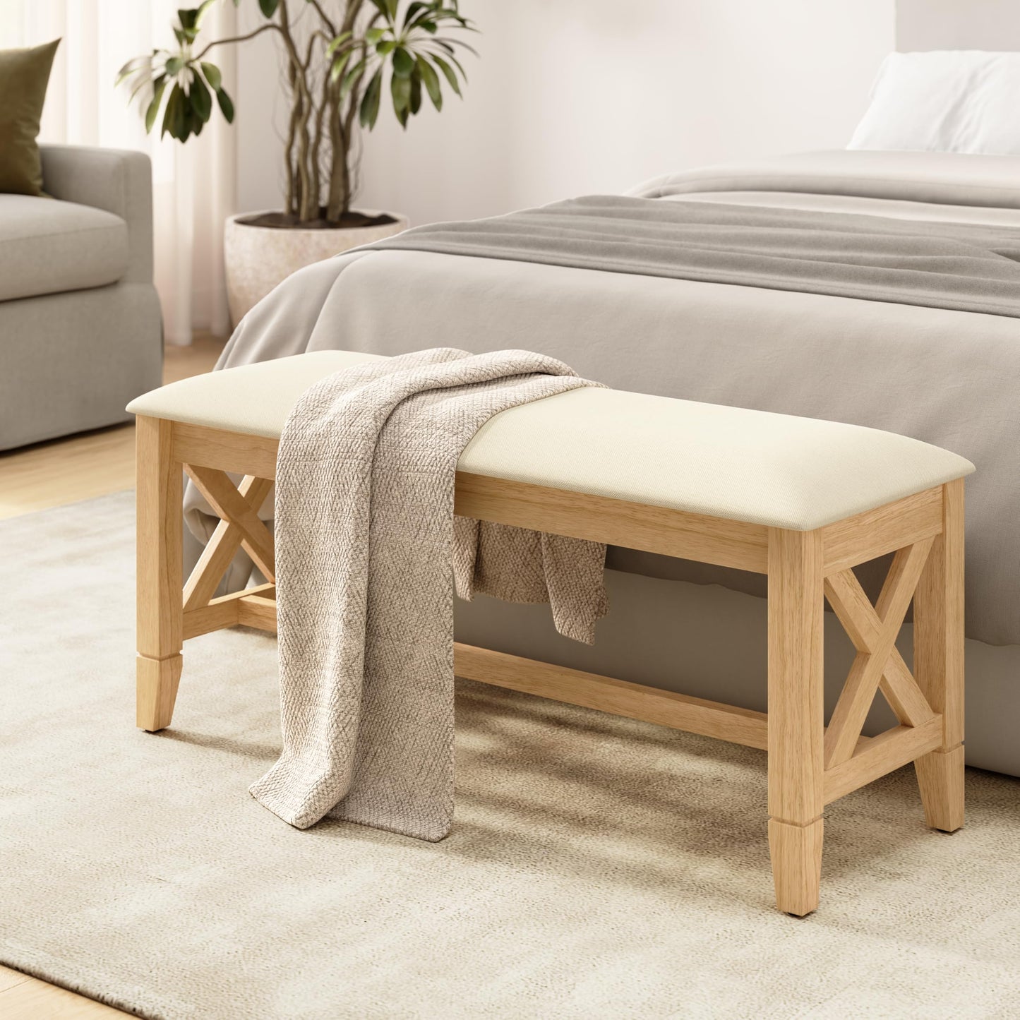 Bush Home 44-inch Upholstered Bedroom Bench, Bedroom Furniture, Key West Collection, Blonde Oak and Bright Beige Fabric