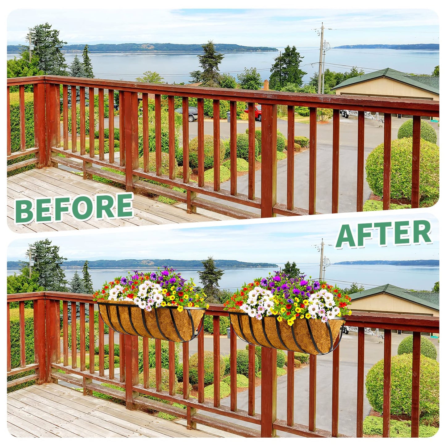 Tessco for you 3 Pieces Railing Planter Boxes, 24 Inches Window Box Planters with Coco Liner and Adjustable Brackets for Deck Porch Fence Patio Balcony Gardening Outdoor Plants