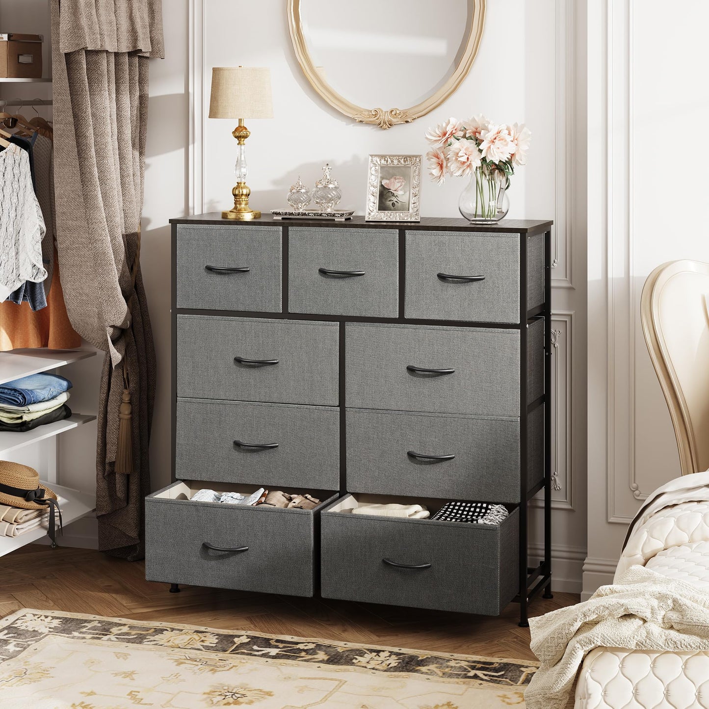 WLIVE 9-Drawer Dresser & Nightstand with 2 Fabric Drawers for Bedroom, Hallway, Entryway, Closet, Organizer Unit with Fabric Bins, Steel Frame, Wood Top, Easy Pull Handle, Dark Grey