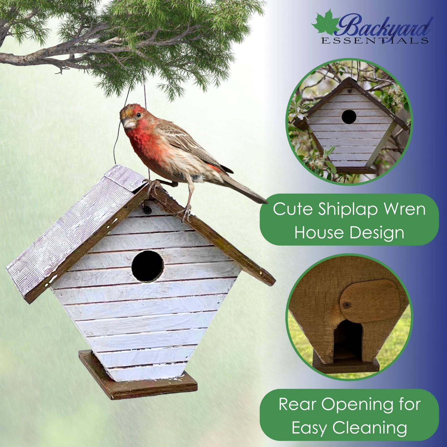 Backyard Essentials Shiplap Wren House - White Hanging Bird House - Wooden Birdhouse with Cable Hanger