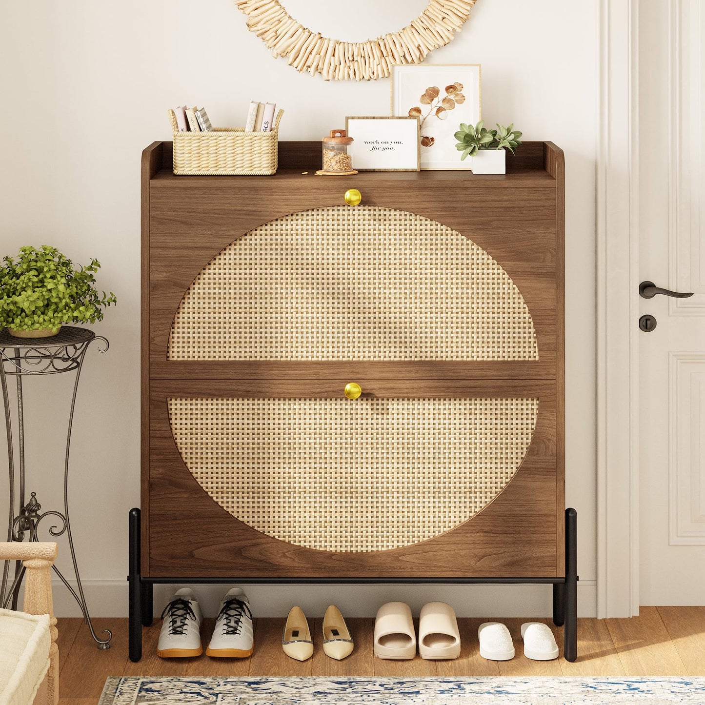 IRONCK Shoe Cabinet Storage with 2 Flip Drawers, Free Standing Wooden Shoe Storage Organizer Cabinet with Rattan Doors for Entryway, Narrow Shoe Rack Cabinet, Walnut