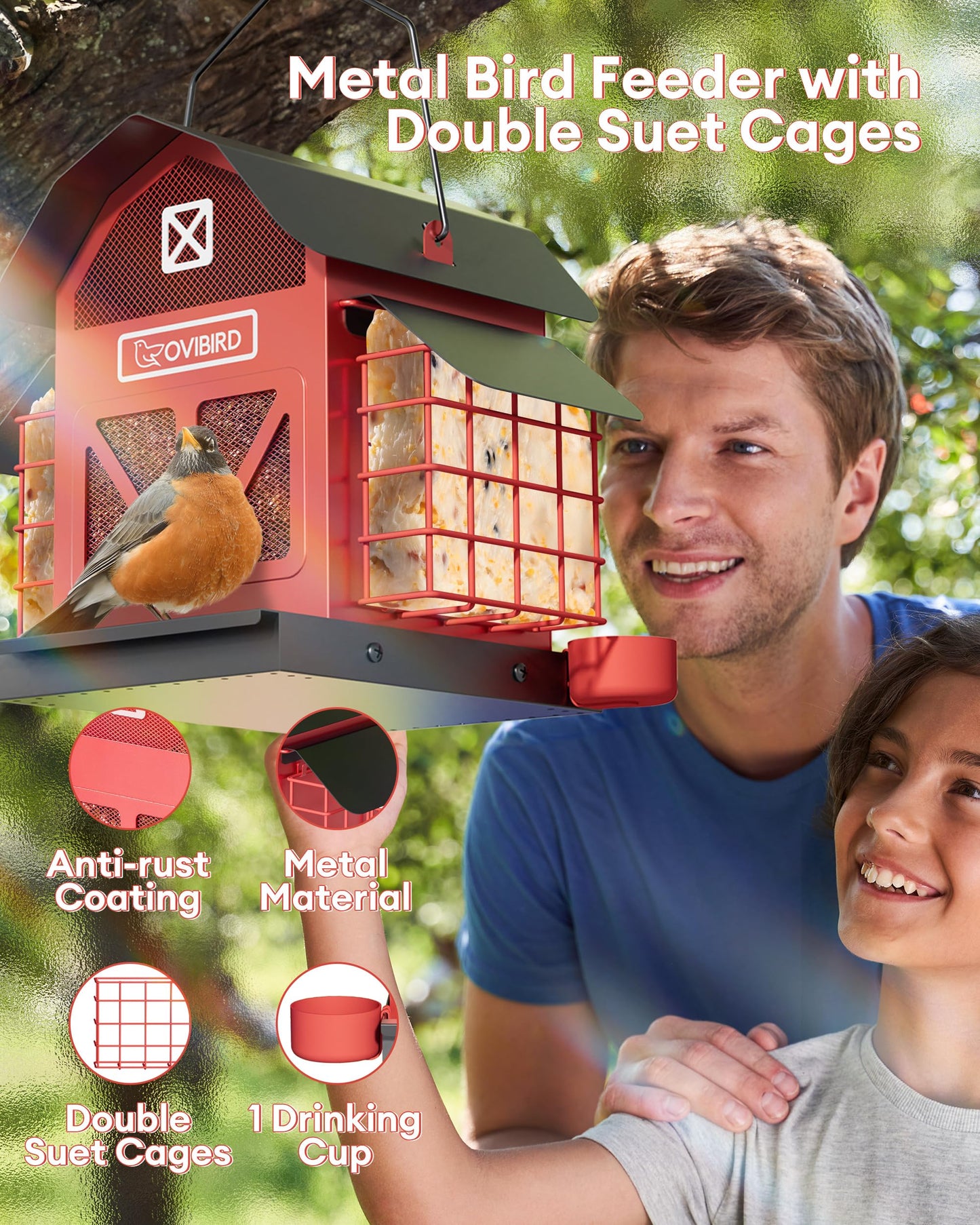 Bird Feeders for Outdoors Hanging, 5LBS Large Bird Feeder with 2 Suet Cage, Red Barn Metal Birds Feeder for Outside, Weather Resistant Cardinal Feeders, ldeal Birds Watching Gifts (Red)