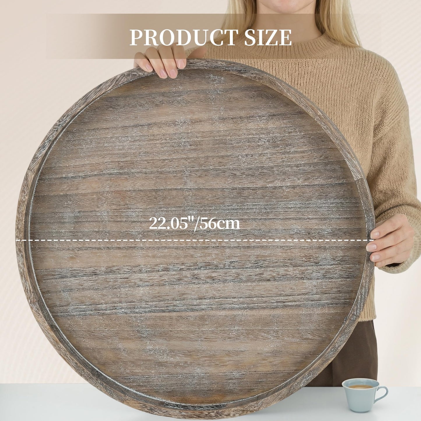 Hanobe Ottoman Tray for Living Room: 22" Decorative Wooden Trays with Handles for Living Room Home Decor Farmhouse Rustic Round Topper for Coffee Table
