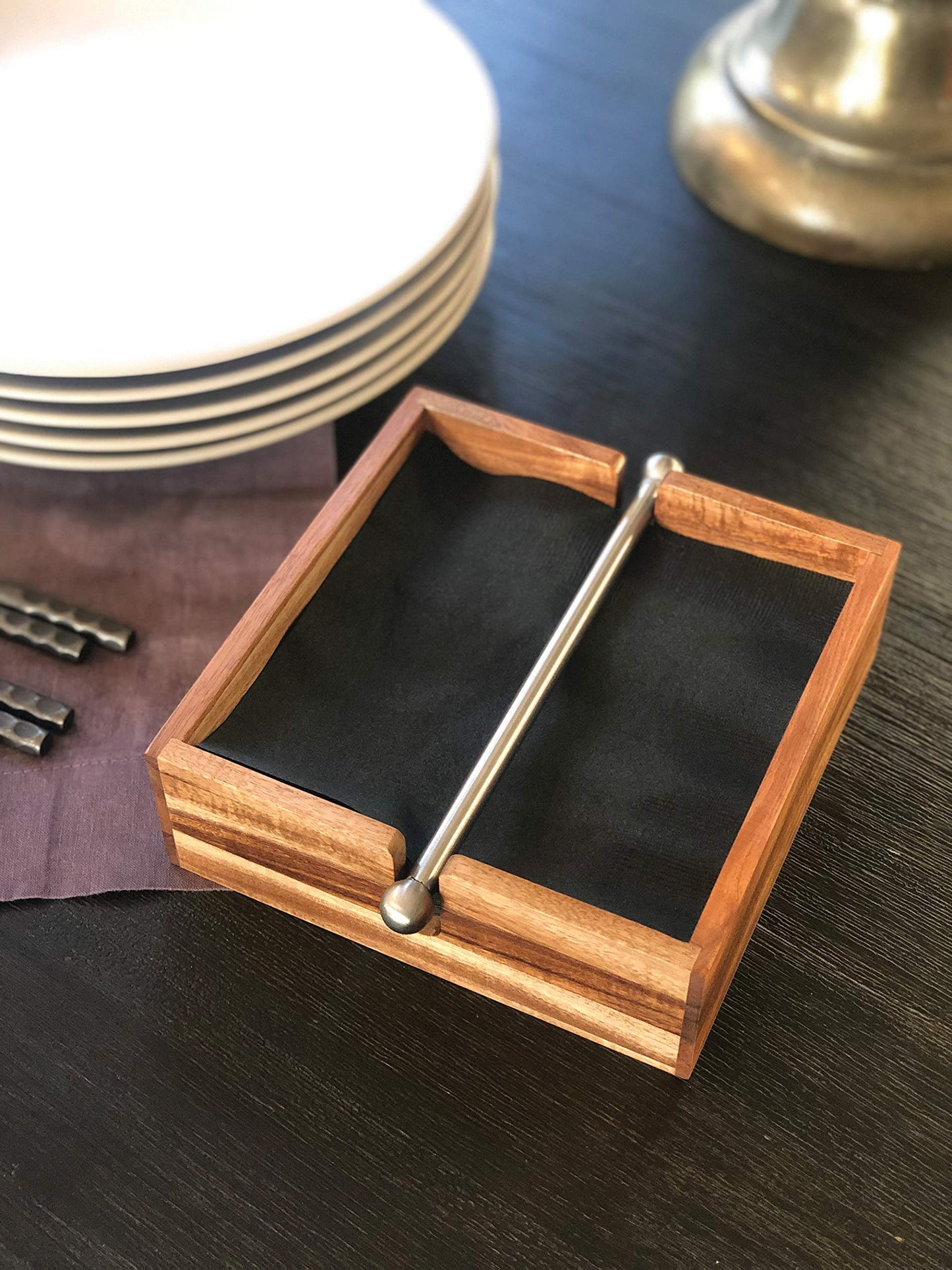 Ironwood Gourmet 28982 Acacia Wood Napkin Holder with Weighted Stainless Steel Center Bar, 6.25-Inches, Brown
