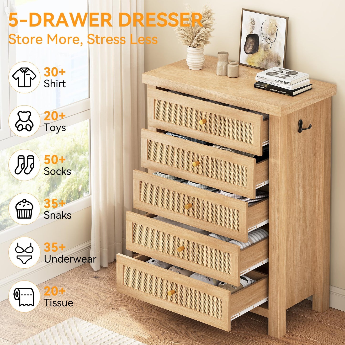 Natural Rattan Dresser for Bedroom with 5 Drawers, Wood Boho Chest of Drawers with Gold Metal Handle, Matte Top Bedroom Tall Dresser with Large Drawers for Living Room, Closet, Hallway, (Nartual)