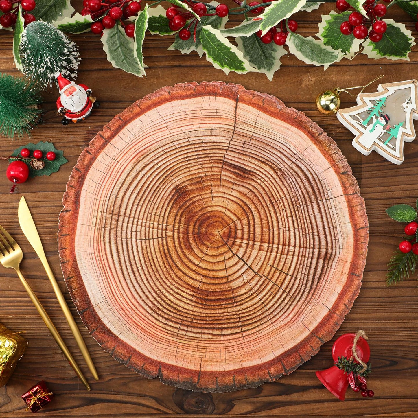 Remerry Leather Wooden Slice Placemats Set of 6, 13.8'' Round Rustic Charger Plates Wood Slices Place Mats Farmhouse Table Mats for Wedding Table Decoration Kitchen Dining Waterproof