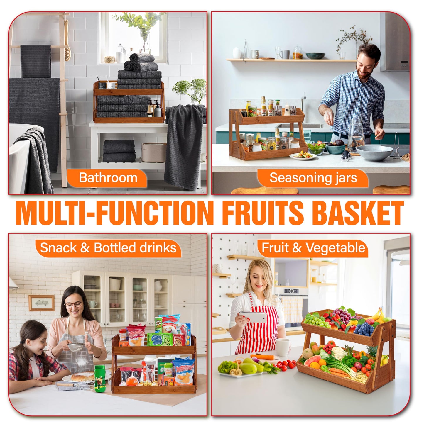 [Upgraded Length] 16.5-Inch Fruit Stand Storage Holder with 4 Sturdier Legs, 2-Tier Fruit Basket , Bamboo Fruit Bowl Holder for Fruit,Vegetables, Snacks, Home Kitchen Countertop Organizer (Walnut)