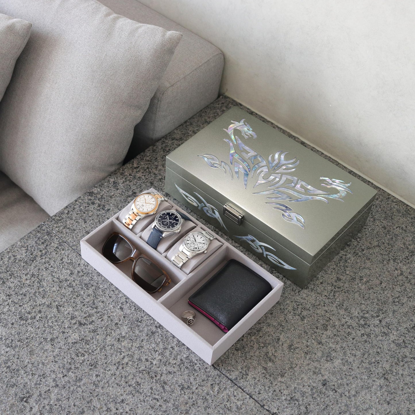 MADDesign Mother of Pearl Watch Box Jewelry Organizer Daily Storage Handmade Tribal Dragon Design (Metallic Silver)