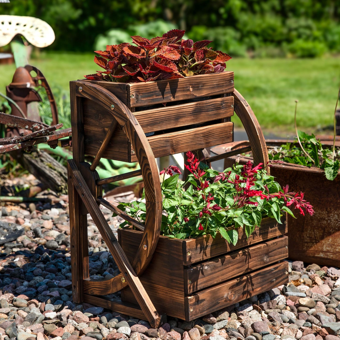 Sunnydaze Wagon Wheel 2-Tier Rustic Wood Plant Stand - Tiered Garden Box - For Patio, Garden, or Front Porch - Charred Fir Wood