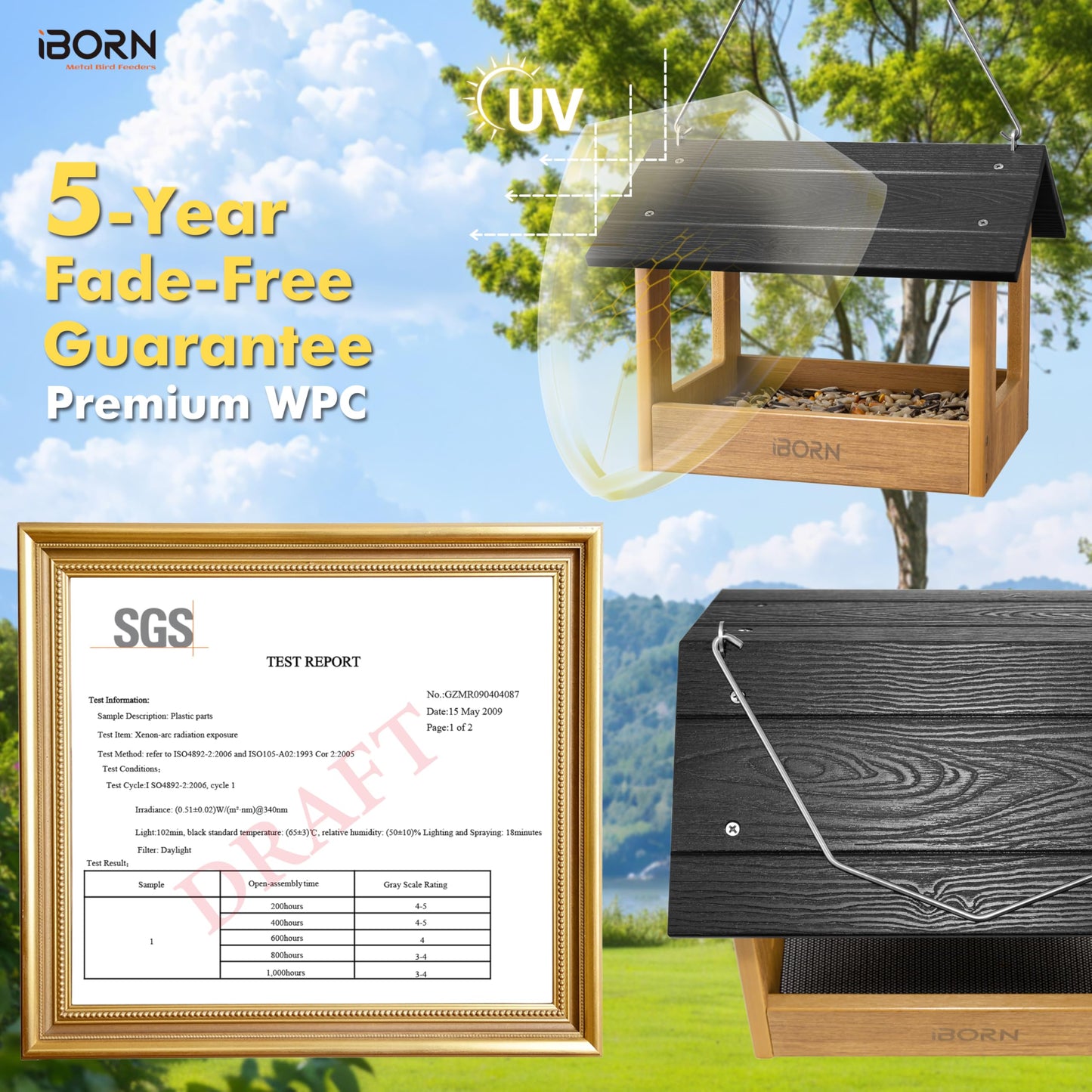 iBorn Pavilion Bird Feeder, Covered Platform Bird Feeder for Outdoors Hanging, WPC Recycled Plastic & Waterproof, Black