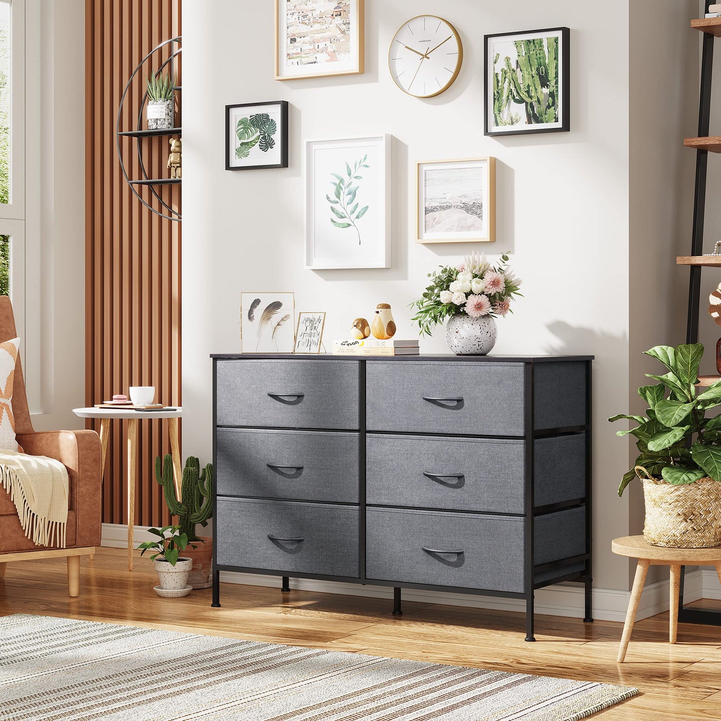 WLIVE Dresser for Bedroom with 6 Drawers, Wide Dresser TV Stand for 50 Inches TV, Grey Dresser with Metal Frame, Wooden Top, Fabric Dressers for Bedroom, Living Room, Hallway, Dark Grey
