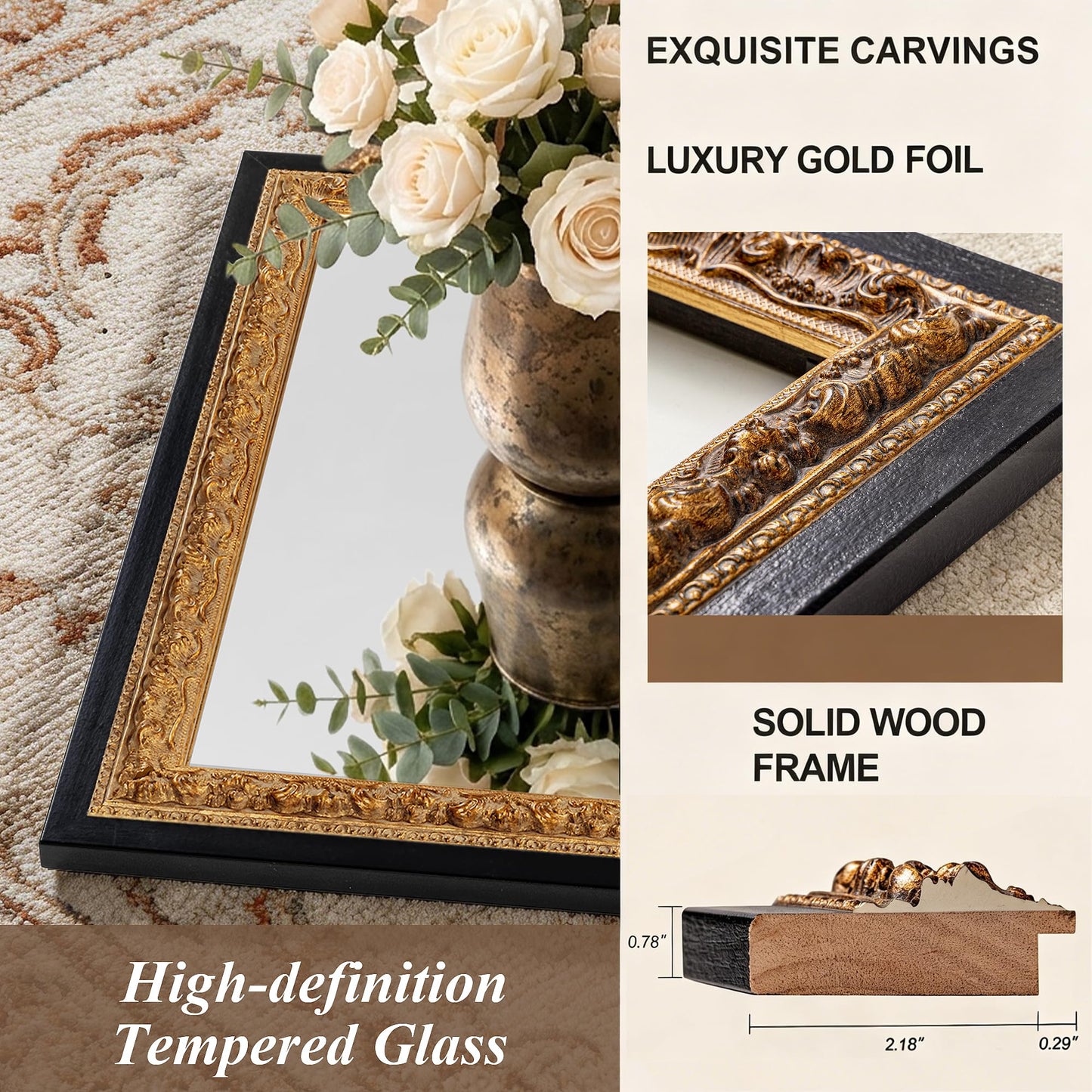 Autdot 52"x36" Wall Mirrors Decorative, Black Bathroom Vanity Mirror with Gold Foil Carvings Wooden Frame for Living Room, Entryway and Bedroom