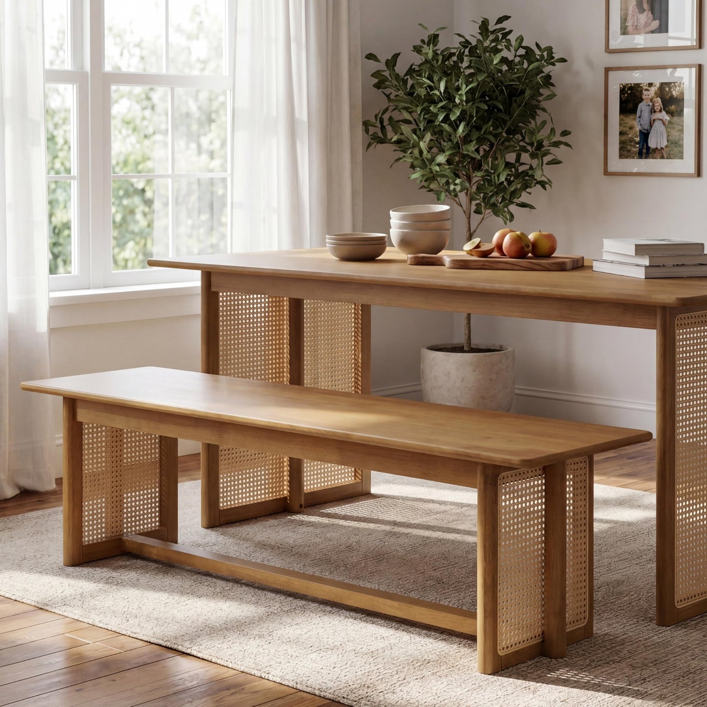Merax Rustic Wooden Rectangular Kitchen Bench with Rattan Accents Legs, Farmhouse 59.06''L Dinning Bench for Living Room, Kitchen, Dining Room,300 lbs Capacity, Natural