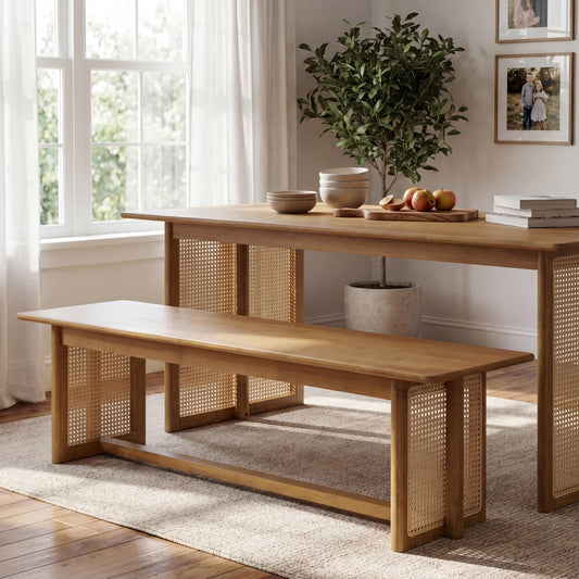 Merax Rustic Wooden Rectangular Kitchen Bench with Rattan Accents Legs, Farmhouse 59.06''L Dinning Bench for Living Room, Kitchen, Dining Room,300 lbs Capacity, Natural