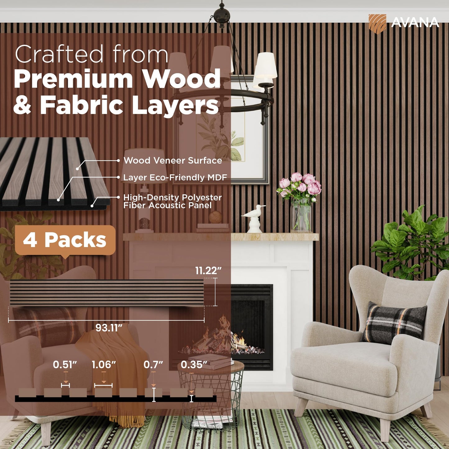 Avana Acoustic Wood Wall Panels – 93.2x11.25 Inch Panels – Fits 94x12 Layout – Walnut Acoustic Panels 4 PCs – Wall Panels for Interior Wall Decor for Homes, Offices – Durable Wood Panels for Wall