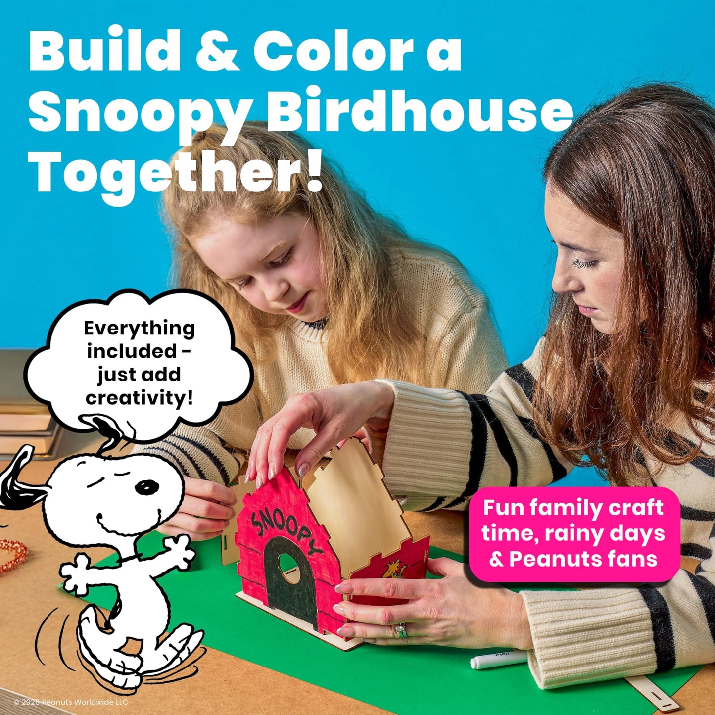 Ooly x Peanuts Snoopy Birdhouse Kit, Build & Paint Wooden Craft with 5 Acrylic Paint Markers, Twine & Instructions, Kids Craft Set Featuring Snoopy & Woodstock