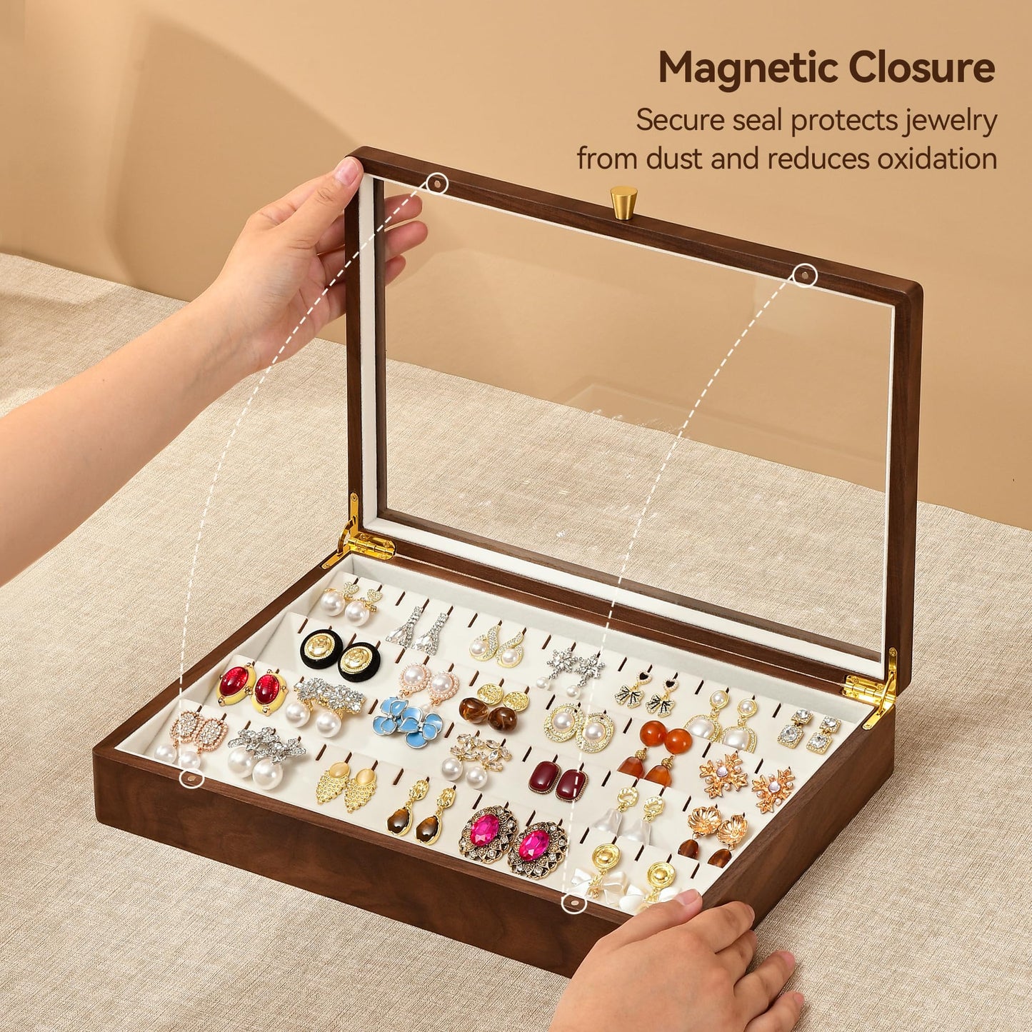 Vwixkuxx Black Walnut Wooden Earring Box, 40 Pairs Earrings Natural Solid Wood Jewelry Organizer Tray with Clear Glass Lid, Desktop Velvet Lined Holder Display Case for Women Girls Gifts for Mom.