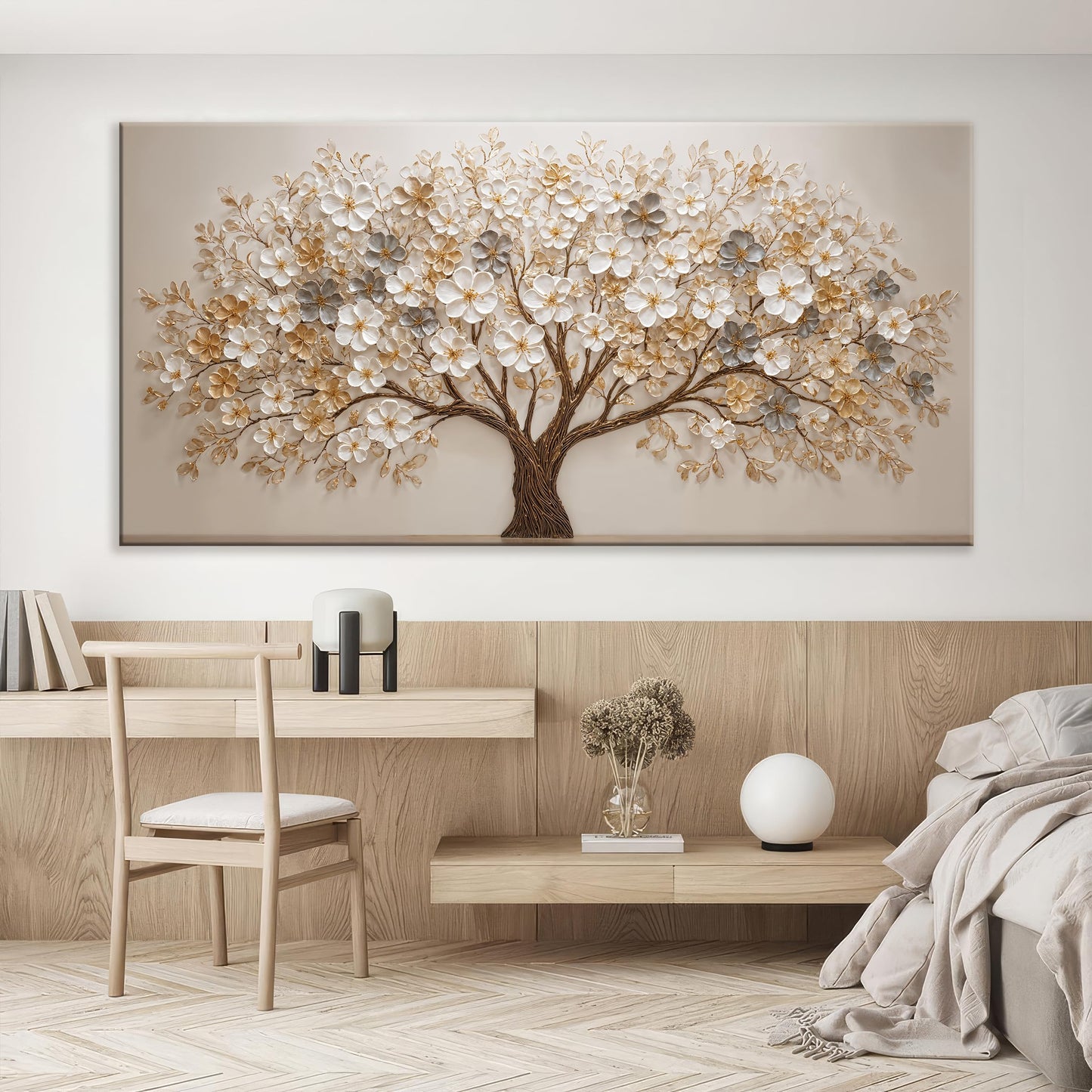 Elegant White Tree Of Life Wall Art Print Modern Large Canvas Art Wall Decor For Living Room Botanical Prints Painting Pictures For Bedroom Classic Printed Aesthetic Home Wall Decorations Artwork 29×58 Inch