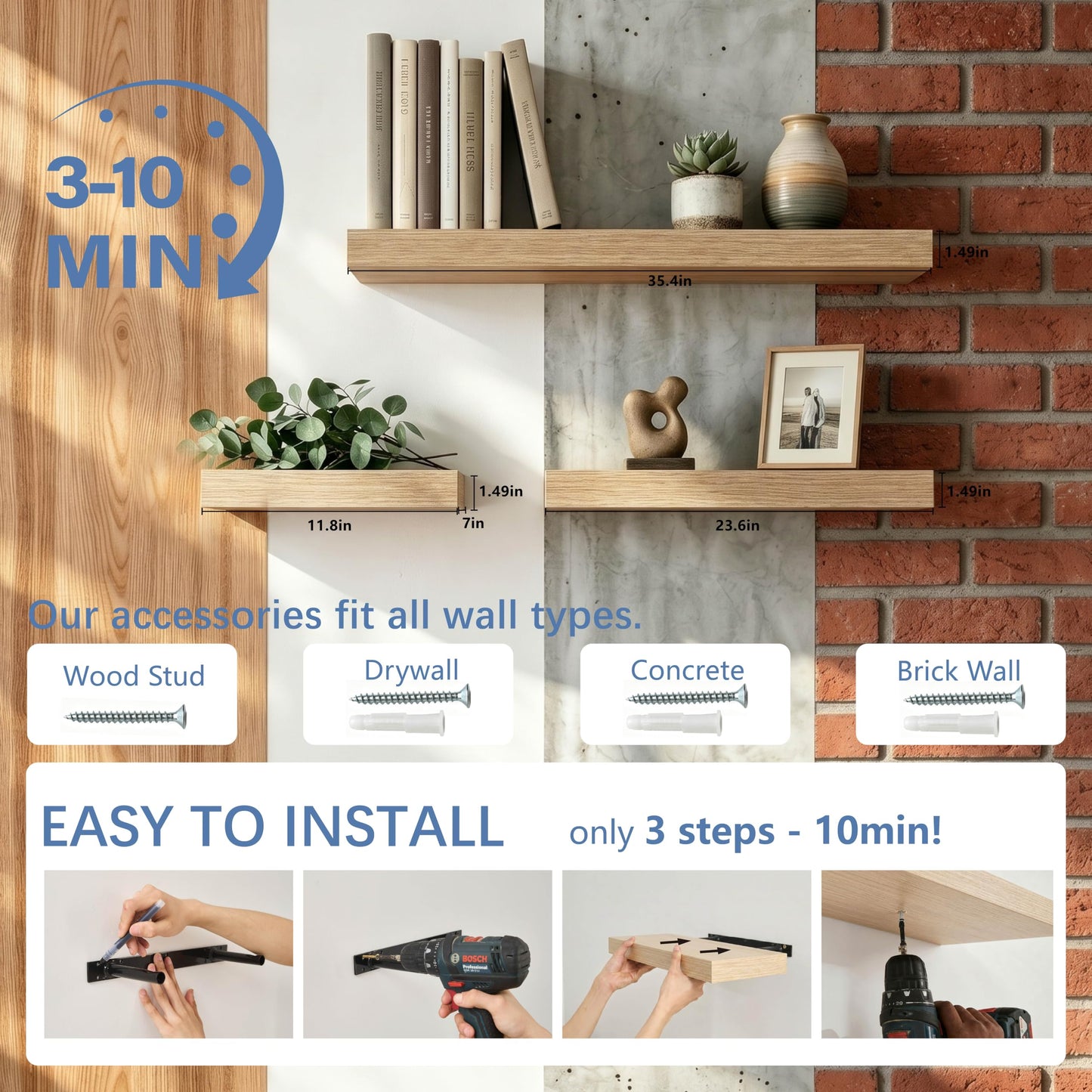 Mifurn Floating Shelves for Wall, Bathroom Shelves Over Toilet, Wall Shelves & Book Shelf for Room, Hanging Shelf, Modern Wooden Wall-Mounted Small Floating Shelves, 12x7x1.5 in (Oak, Set of 2)
