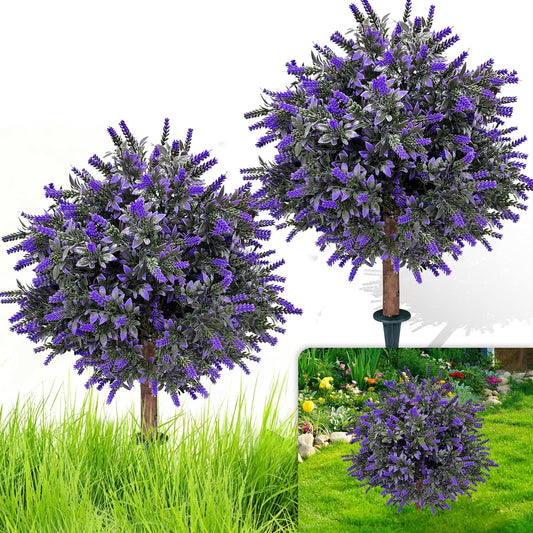 Set of 2 Artificial Lavender Boxwood Topiary Ball Bush for Outdoor with Ground Spike 24.5", UV Resistant Faux Greenery Shrubs, Fake Boxwood Plants for Indoor, Garden, Yard, Porch, Patio Decor