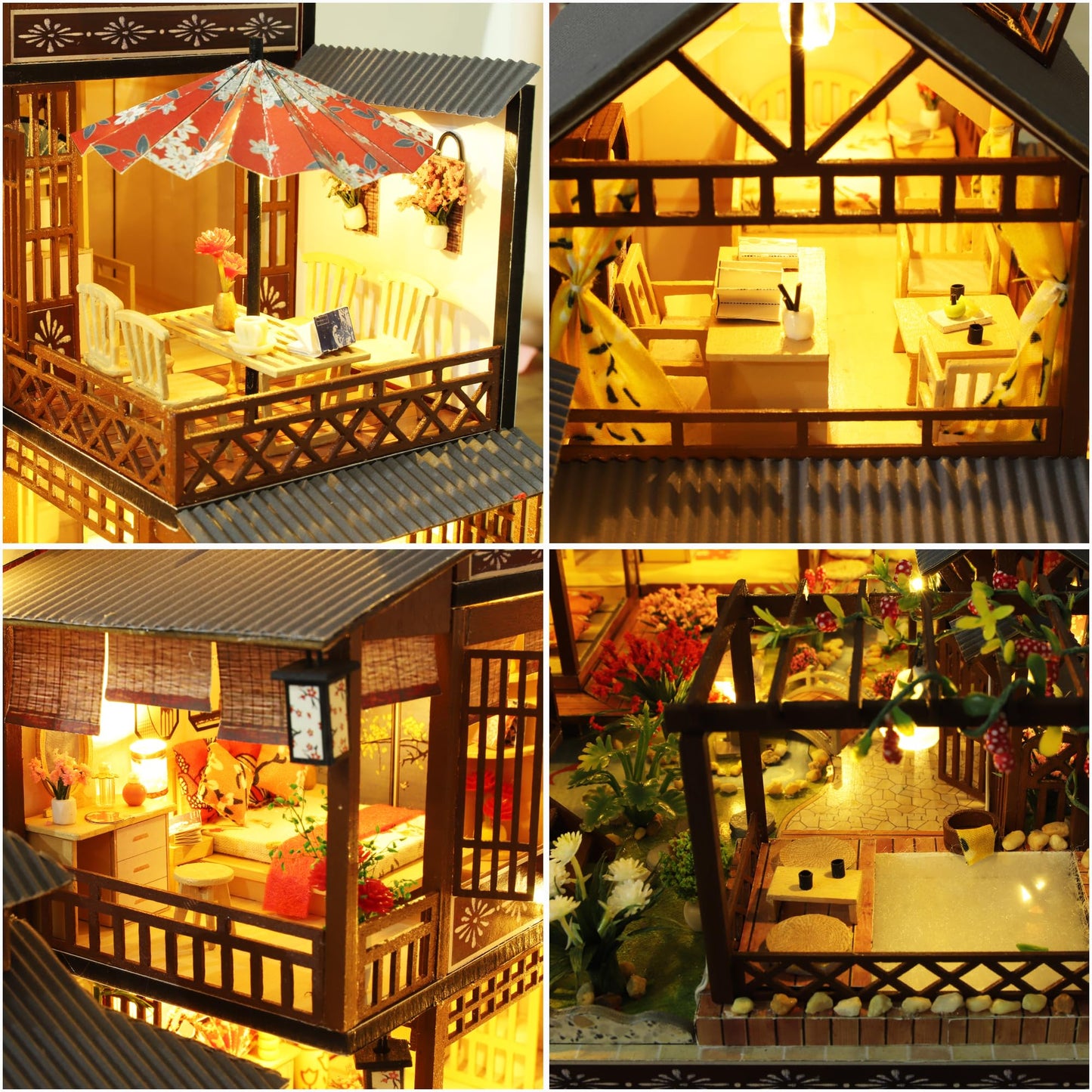 KOOMEKI Miniature Dollhouse DIY Set with Decoration Furniture and LED Lights, 1:24 Scale DIY Wooden Dollhouse Kit with English Instructions, Birthday Gift or Party Favors (Japanese Courtyard Style)
