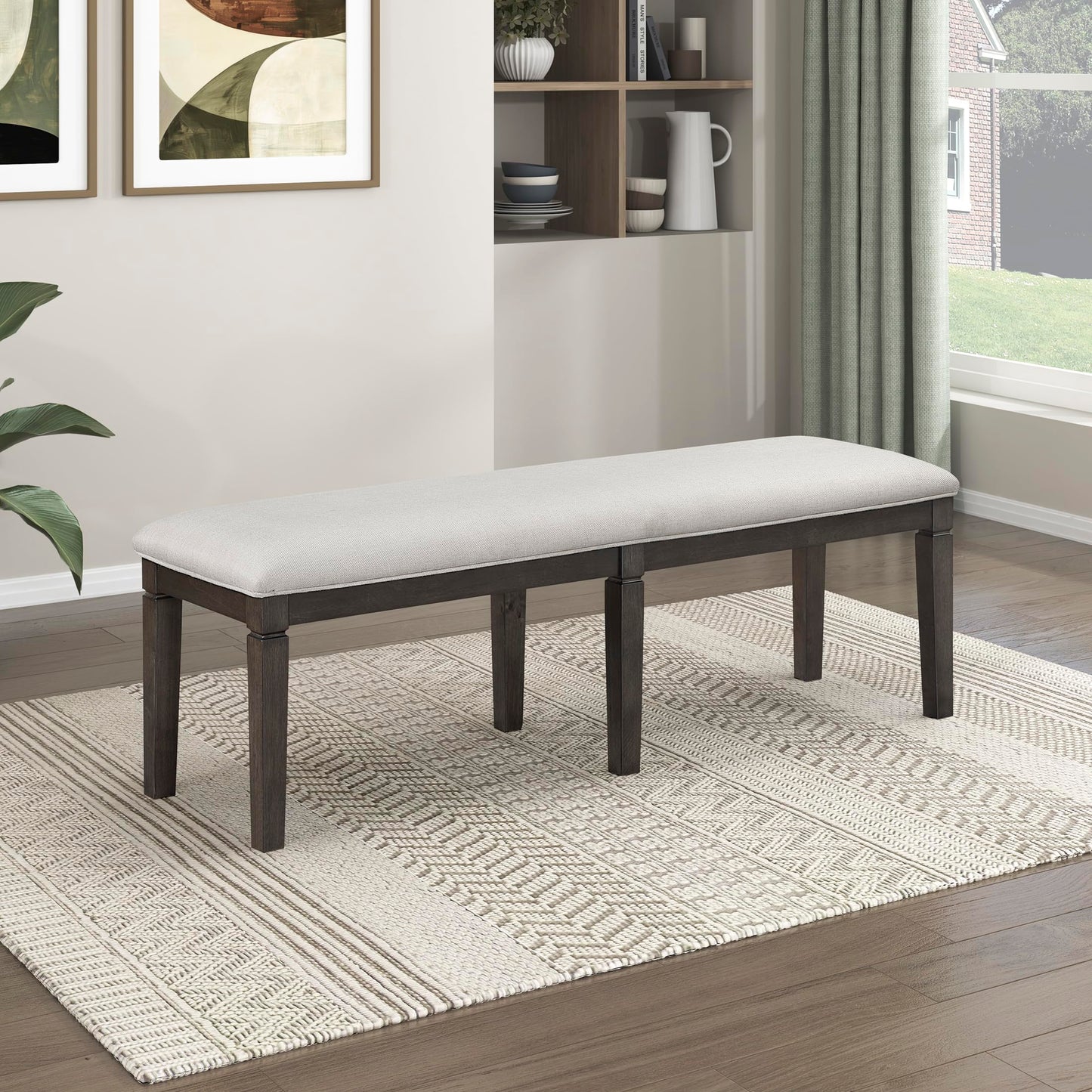 Lexicon Dining Bench with Padded Seat and Wooden Frame, 58" W Entryway Bench, Beige Textured Fabric Upholstered Dining Seat for Kitchen/Living Room, Easy Assembly, Dark Espresso