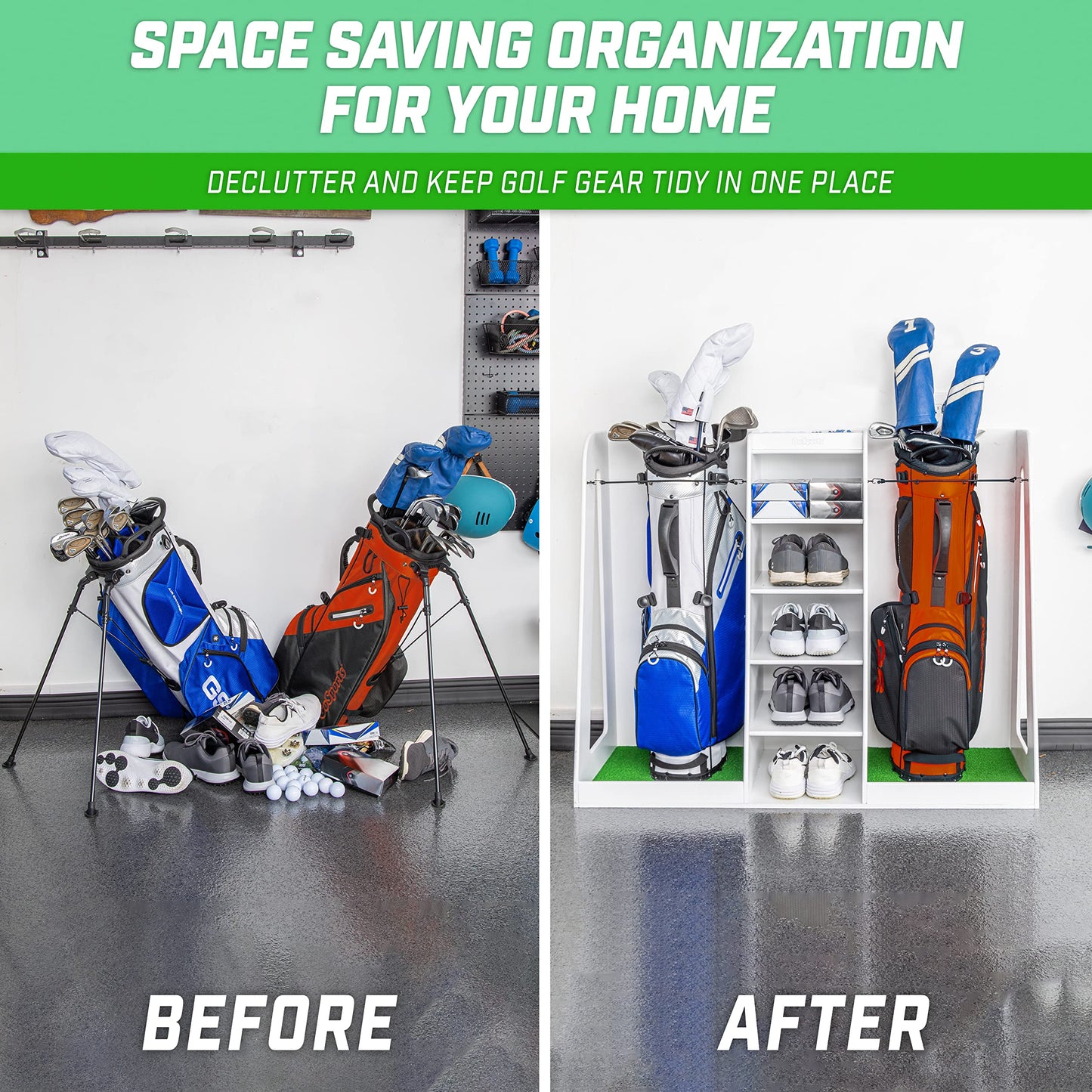 GoSports Premium Wooden Golf Bag Organizer and Storage Rack - Choose Your Style