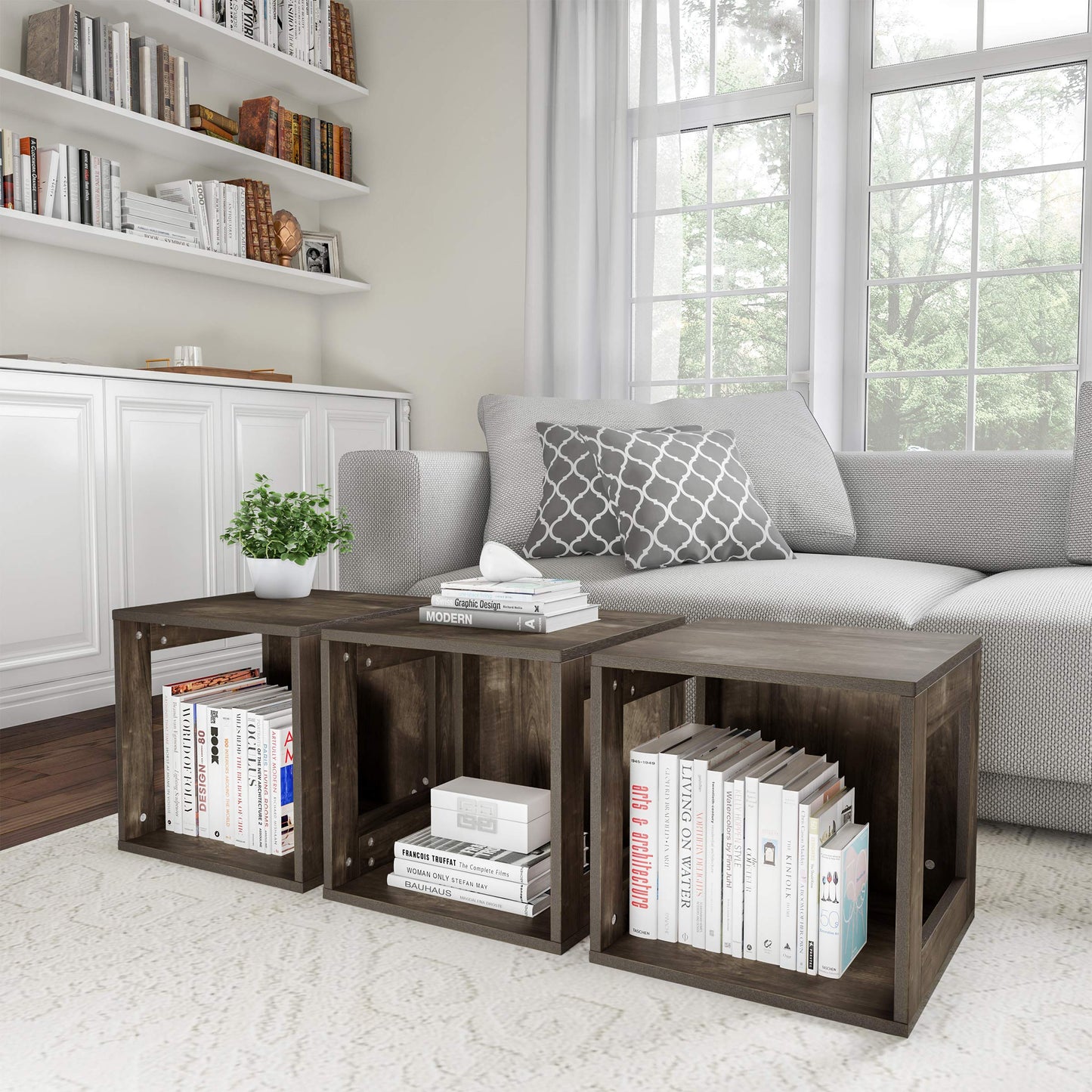 Lavish Home Modern Small Bookcase with Storage – Minimalist Open-Side Modular Shelving Unit, Stackable Accent Bookcase for Bedroom, Living Room, or Home Office (Gray Woodgrain)