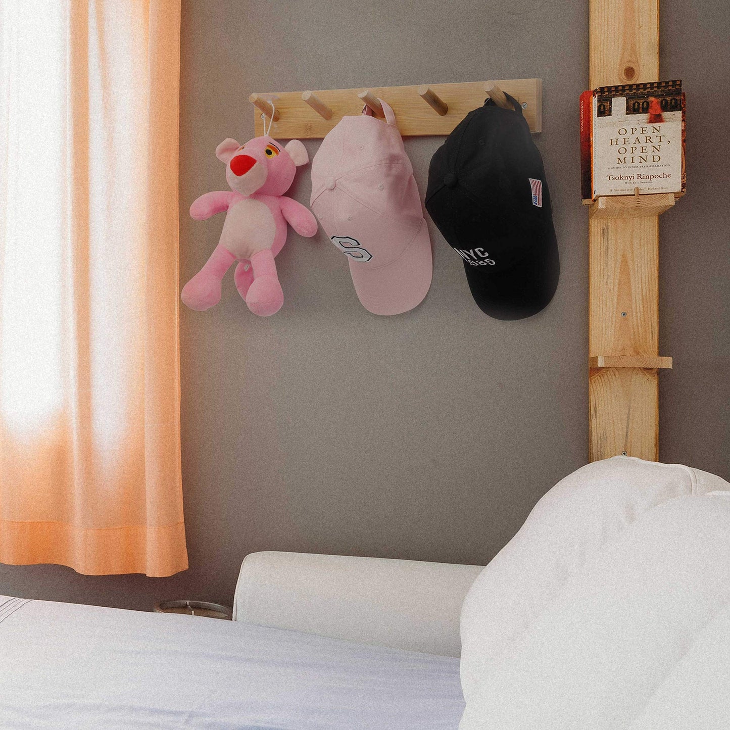 WEBI Coat Rack Wall Mounted,16" Hole to Hole,Coat Hanger Wall Mount with 5 Hooks for Hanging Coats,Hook Rack Peg Rail for Hats,Jacket,Clothes,Towels,Natural