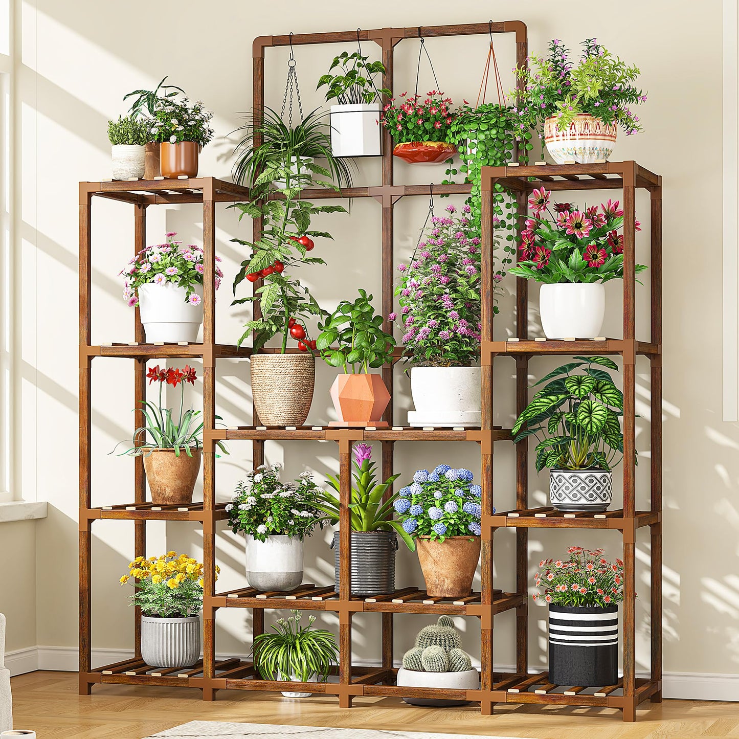 EnHomee Plant Stand Indoor Wood Plant Stand Outdoor Tiered Plant Shelf for Multiple 16-21 Potted Plants for Living Room Patio Balcony Yard Garden 44.9" W x 11.8" D x 62.2" H