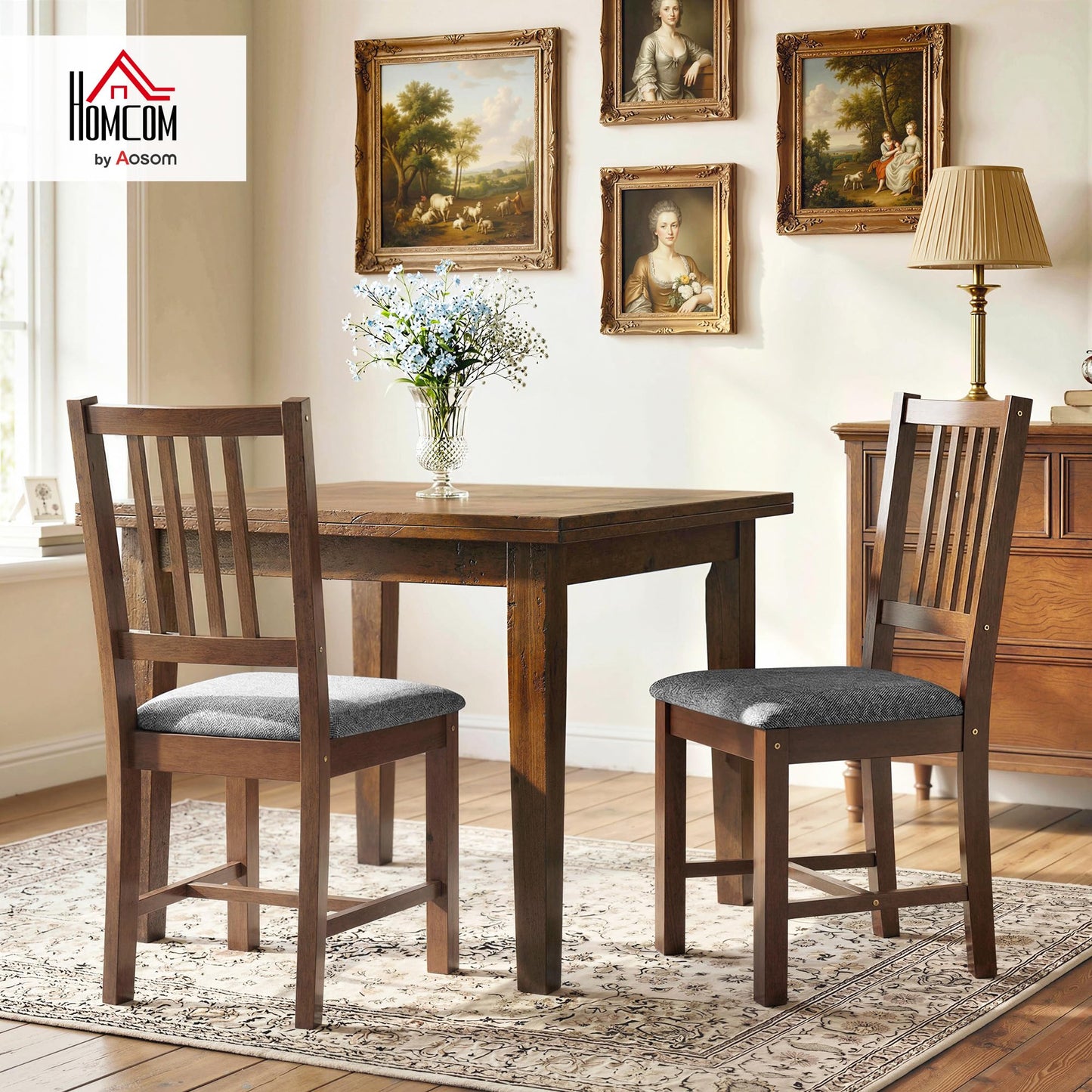 HOMCOM Wooden Dining Chairs Set of 2, Mid-Century Modern Upholstered Kitchen Chairs with Slat Backrest, Rubberwood Legs and Padded Seat for Dining Room, Living Room, Walnut