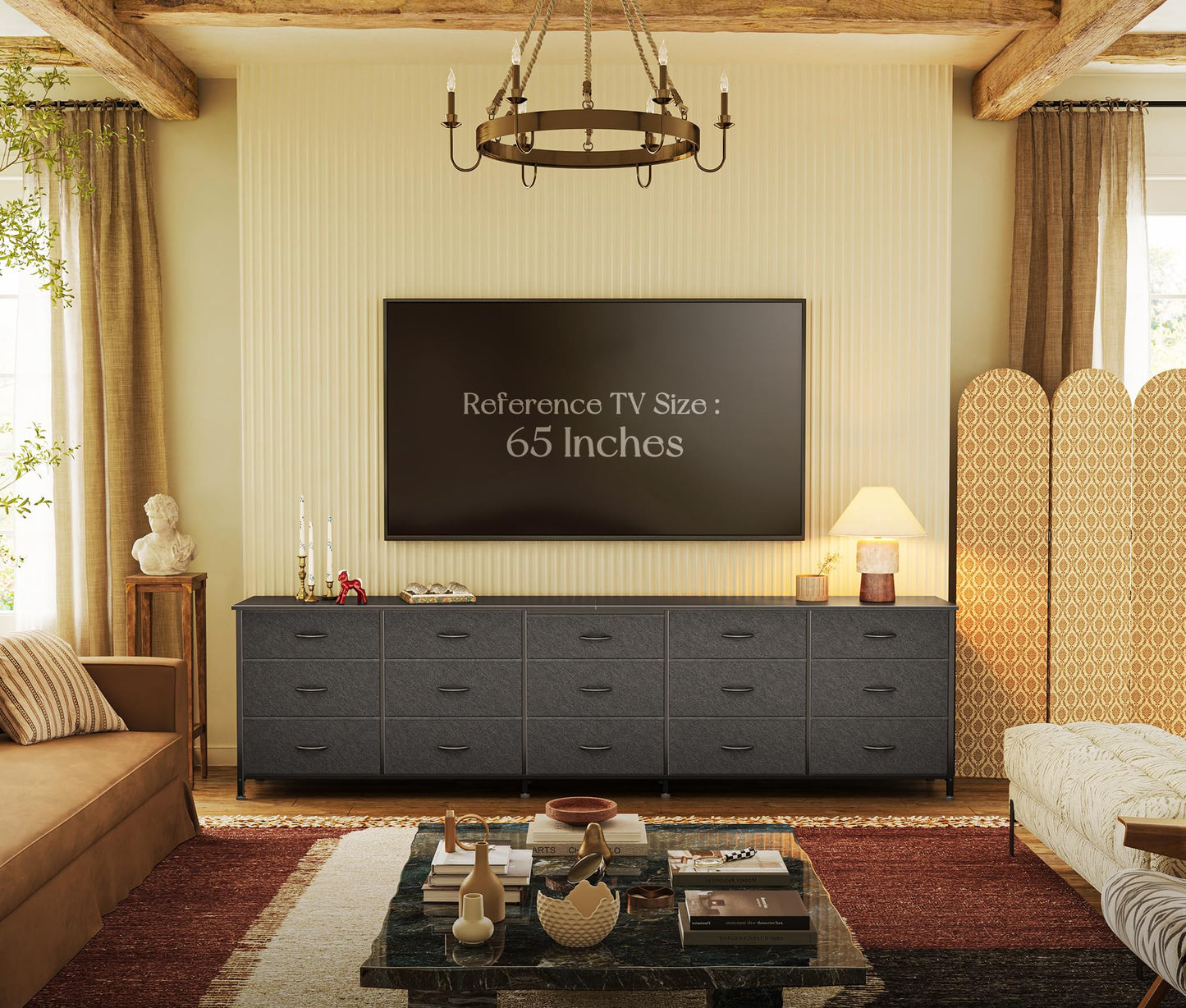 Huuger 86.6 Inch Dresser for Bedroom, TV Stand for 65, 75, 85 Inch TV, 15 Fabric Drawer Long Dresser, Large Entertainment Center for Bedroom, Wide Chest of Drawer with Storage, Black