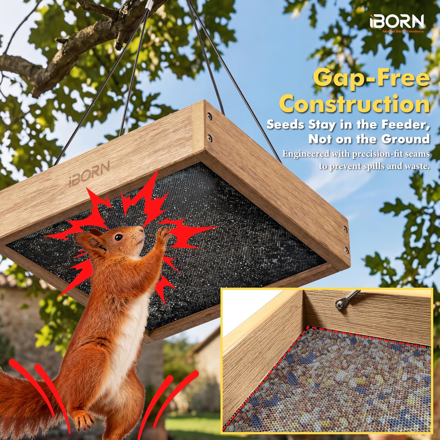 iBorn Platform Bird Feeder Tray, Chew Proof Bird Feeders for Outdoors Hanging, Flat Birdfeeder Tray with Large Capacity 3LBS, WPC Recycled Plastic & Cedar Look, Waterproof, 10.5"x10.5", Raw