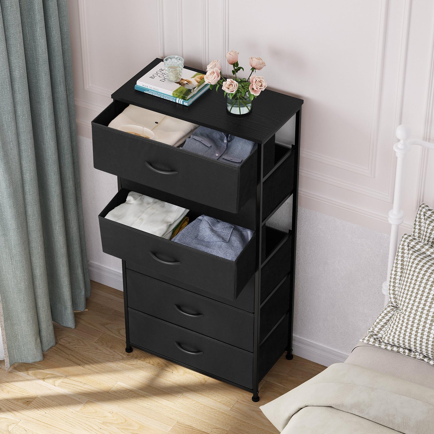 Crestlive Products Dresser for Bedroom with 6 Drawers, Tall Chest of Drawers, Black Dressers Bedroom Furniture, Storage Organizer Unit with Bins for Closet, Hallway, Living Room, Entryway