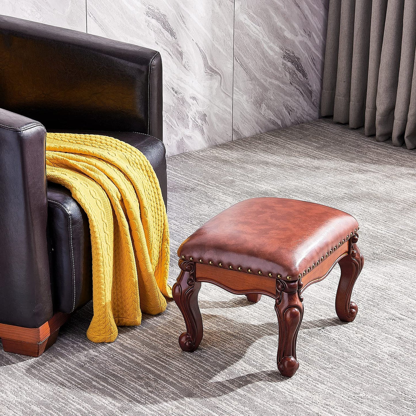 LKZ Foot Stool Microfiber Leather Ottoman Wooden Shoe Stool Small Sofa Stool Footrest Stool for Living Room Bedroom (Red-Brown)