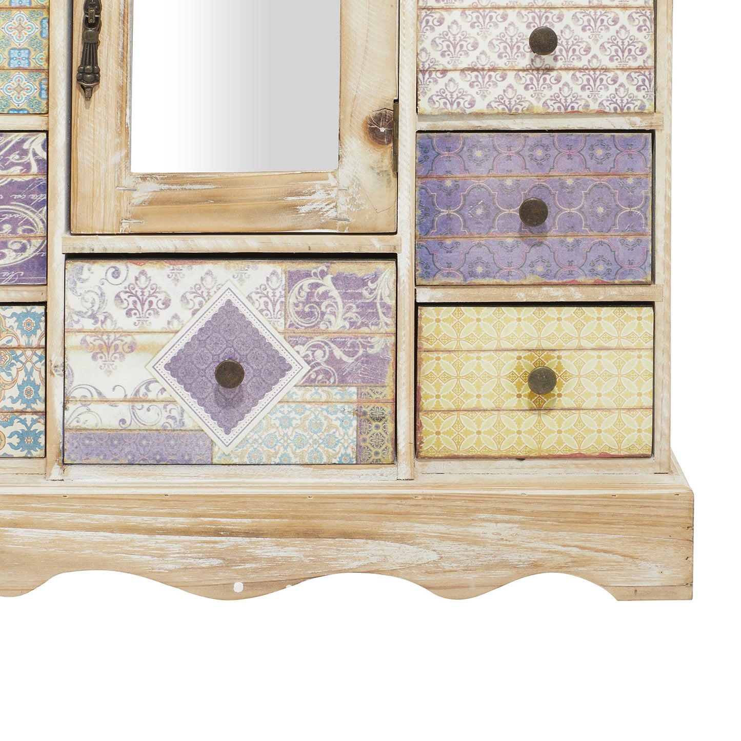 Deco 79 Wooden Decorative Jewelry Box 7 Drawers Jewelry Organizer with Patchwork Patterns, Jewelry Holder 18" x 6" x 16", Light Brown