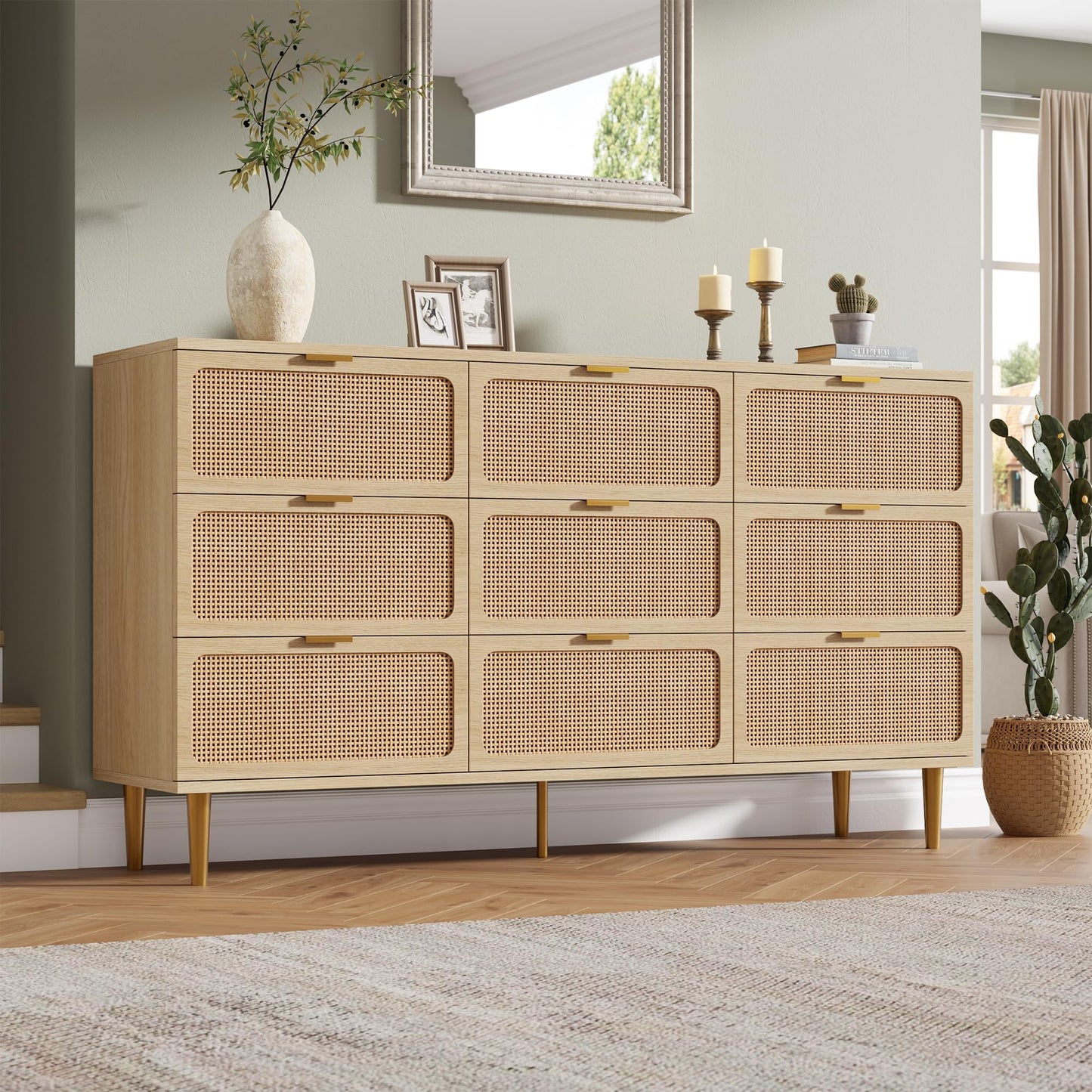 GarveeHome Rattan 9 Drawer Dressers for Bedroom, Tall Dresser with Deep Drawers, Large Chest of Drawers for Closet with Wide Top, Long Wooden Dresser for Living Room, Hallway, Kids Room, Natural