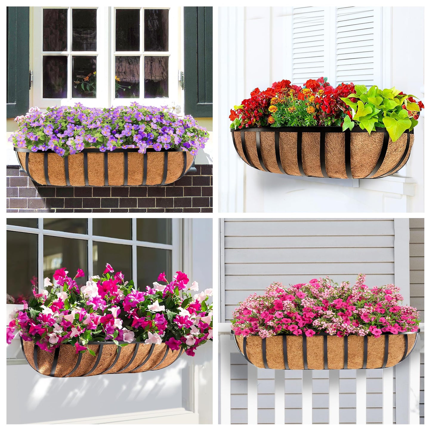 LAWYAMAI 24" Railing Planter with Adjustable Brackets, Window Box with Coco Liner, Hanging Flower Metal Box for Indoor Outdoor, Balcony Deck Fence Porch Patio, Black, Set of 4