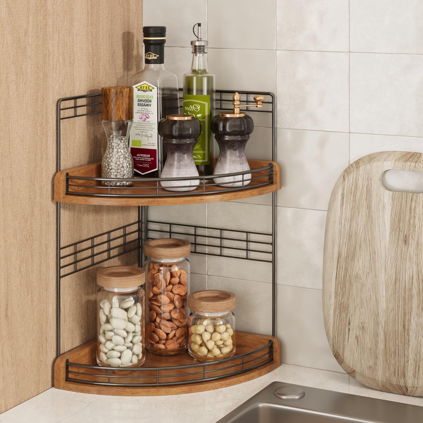 JNFUZ Bathroom Countertop Corner Organizer for Small Spaces – 2-Tier Counter Shelf for Sink & Vanity, Compact Vertical Storage for Toiletries (Walnut)