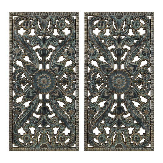 Madison Park Carved Wood Wall Art 2 Piece, Floral Wooden Carving Wall Decor, Blue Wall Art Living Room Bedroom, Copper Embellished Boho, Ready to Hang, 15.75"W x 31.5"L, Patina Blue