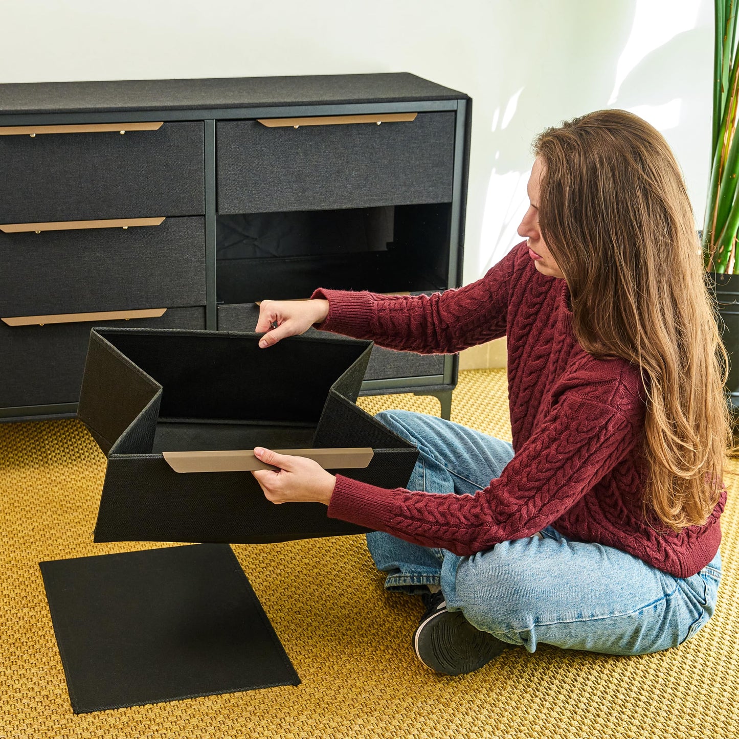tinge Naima Premium 6 Drawer Fabric Dresser - Heavy Duty Metal Frame with Sag-Proof Storage Drawers for Clothes - Durable Black Bedroom Chest & Sleek Metal Handles