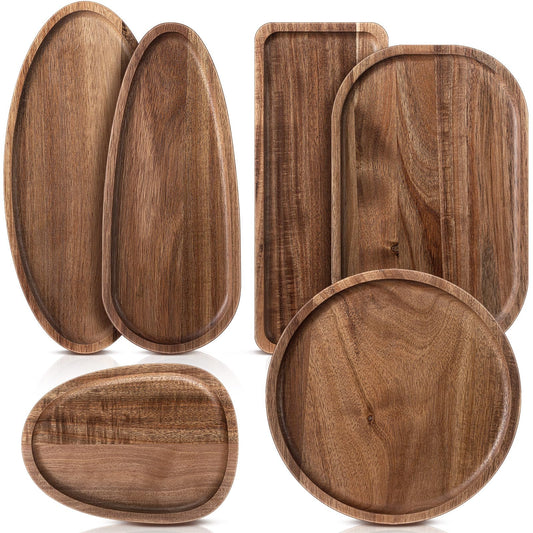 Rtteri Set of 6 Acacia Wood Serving Platters Wooden Plates Solid Wood Serving Tray Charcuterie Board for Kitchen Dinner Food Cheese Appetizer Dessert Snack BBQ Picnic Party Favors Housewarming Gifts