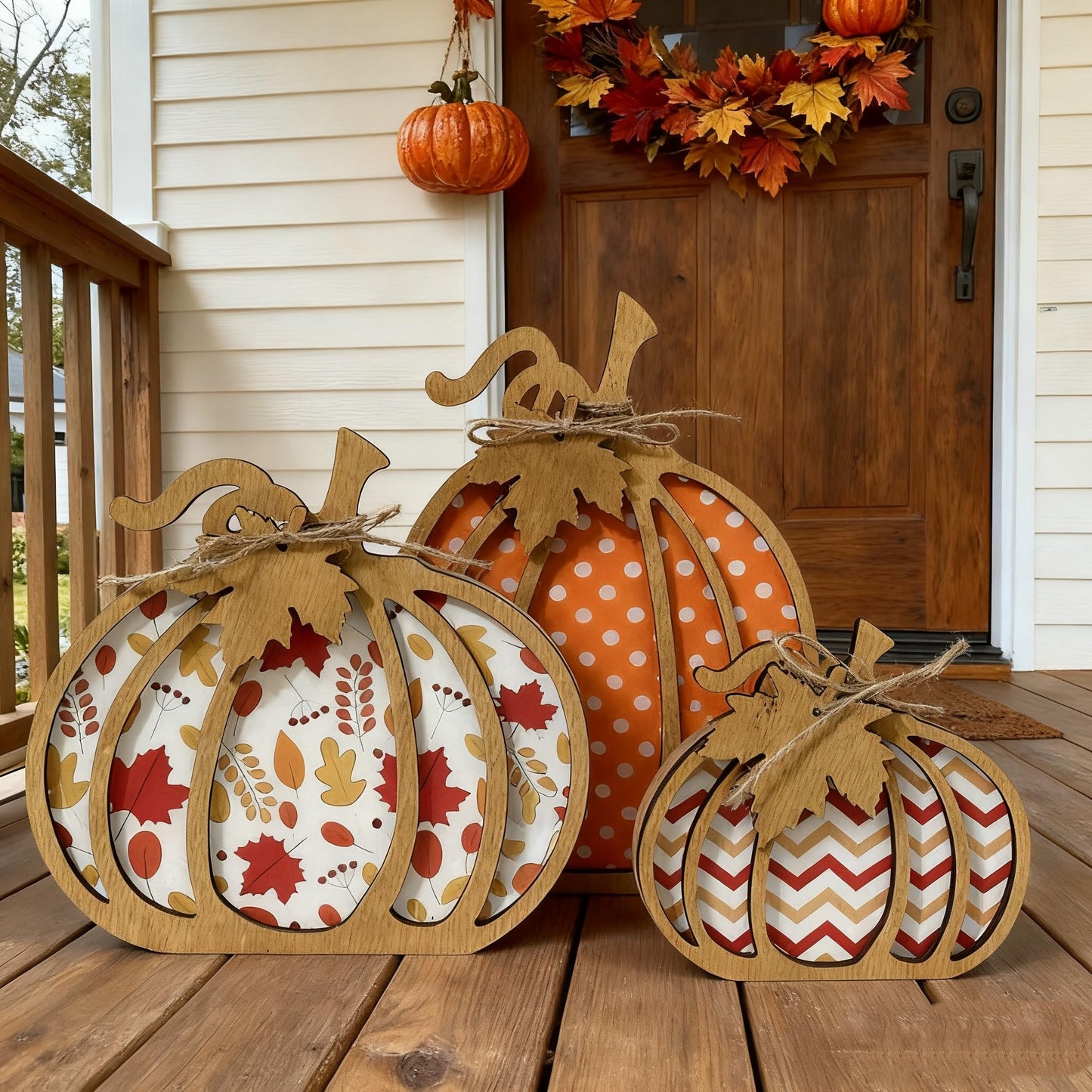 EMINGSKY Fall Decor 3PCS Wooden Pumpkin - Autumn Farmhouse Self Sitters, Small Decor for Home Shelf Table Tiered Tray Mantel Office