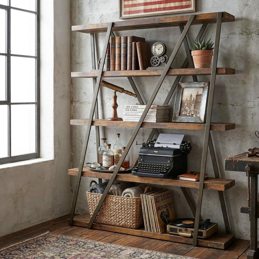 FUSUNBAO 67" 5-Tier Wood & Metal Tall Bookshelf for Home Office,Retro Brown