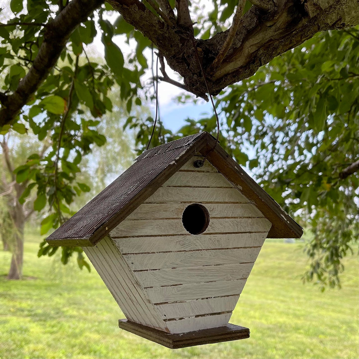 Backyard Essentials Shiplap Wren House - White Hanging Bird House - Wooden Birdhouse with Cable Hanger