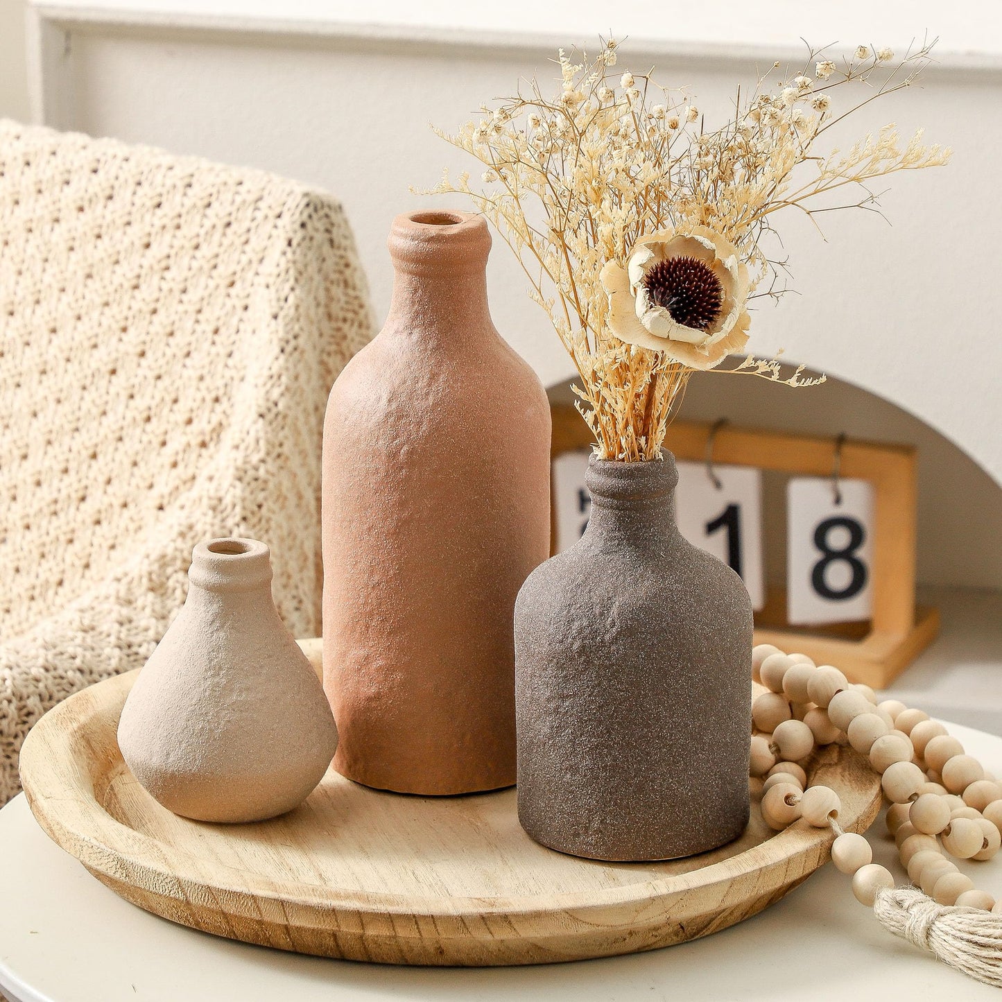 Ceramic Vase Set of 3, Vases Home Decor, Decorative Vases for Table, Boho Flower Vase Modern Neutral Vases for Room Decor, Table, Mantel,Entryway Living Room Kitchen Bedroom Bathroom - Brown