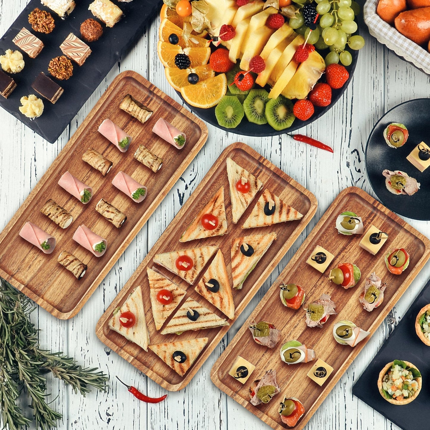 Anyvape Acacia Wood Serving Trays, Set of 3 Wooden Platters (11.8 x 5.1 in)