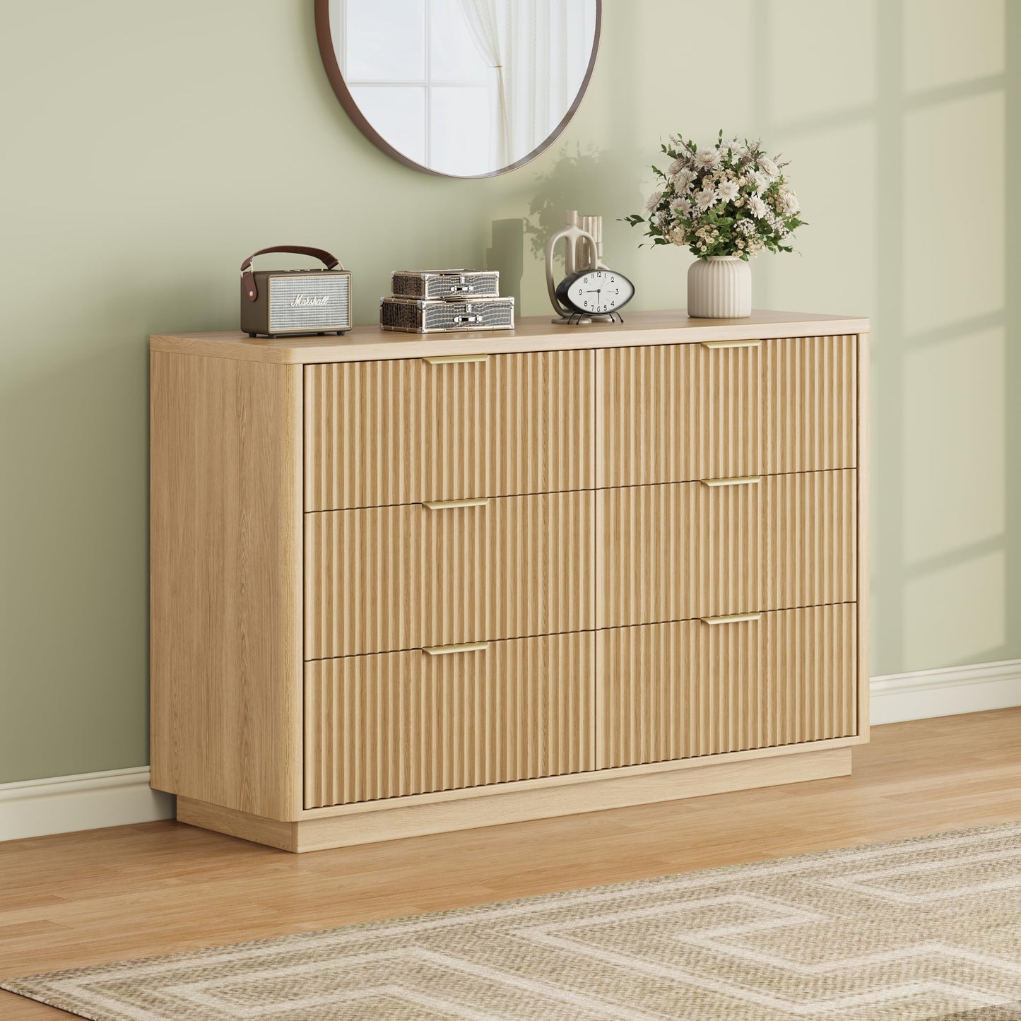 Ball & Cast Fluted Dresser for Bedroom with 6 Drawers,47" W Modern Chest of Drawers with Metal Handles,Wood Dresser TV Stand,Closet Dresser Drawers Organizer for Living Room,Hallway,Natural Oak