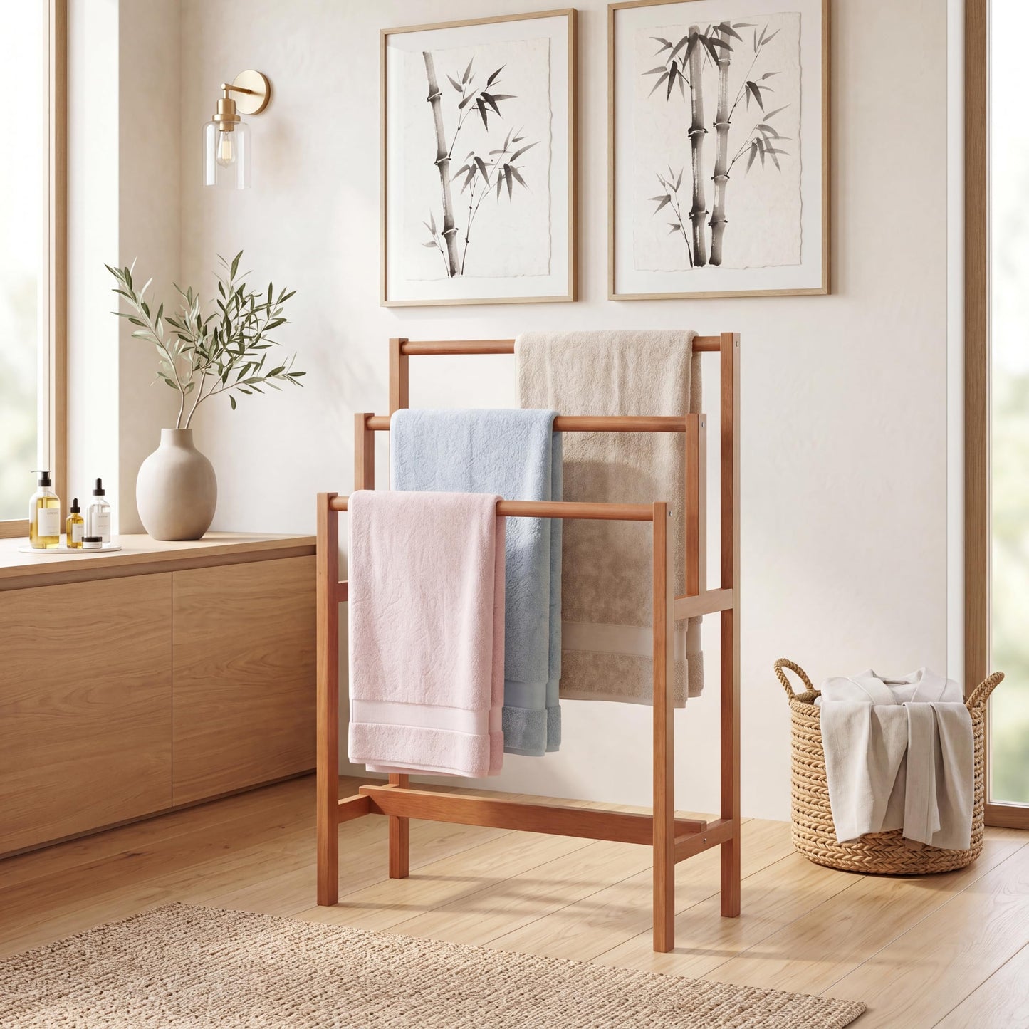 HOMGX Towel Rack & Drying Stand, Freestanding Wooden | 3-Tier Wooden Towel Holder | Sturdy Bathroom Drying Rack | Teak Oil Finish | Compact Vertical Storage | Poolside & Outdoor Use