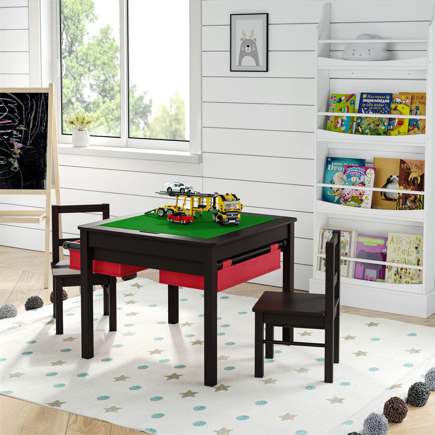 UTEX Wooden 2 in 1 Kids Construction Play Table and 2 Chairs Set with Storage Drawers, and Built in Plate Compatible with Lego and Duplo Bricks(Espresso with Red Drawers)